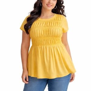 Yellow Smocked Babydoll Top Women's Plus Size 26 Short Sleeve Spring Cottagecore